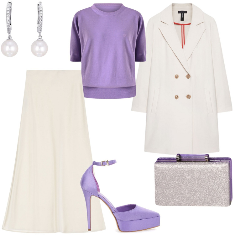 Outfit donna - Gonna a trapezio e top glicine. Stile Chic per Serata fuori. Abbinamento con orecchini, maglieria, pochette, gonne lunghe, cappotti, décolleté.