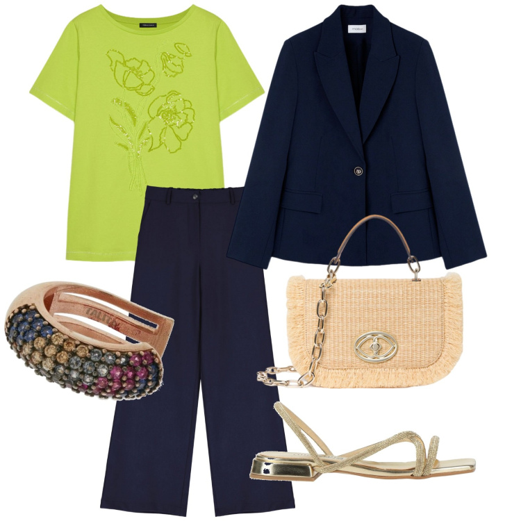 Outfit donna - Iniziamo con i sandali. per Ufficio. Abbinamento con sandali, pantaloni a palazzo, t-shirt, orecchini, blazer, borse a tracolla.