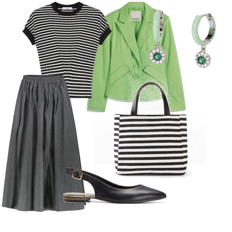 Outfit donna - Le righe. per Tutti i giorni. Abbinamento con ballerine, blazer, borse a mano, orecchini, gonne, maglieria.