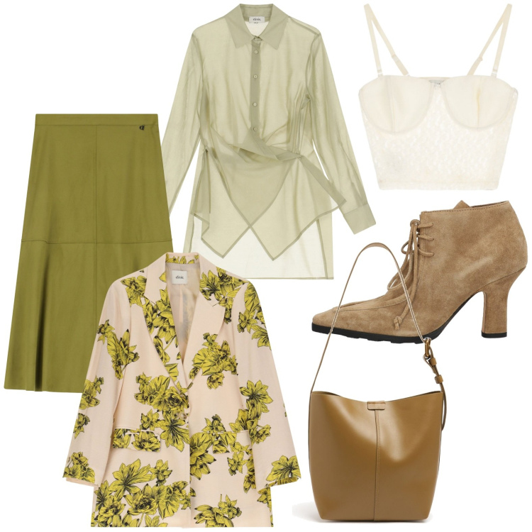 Outfit donna - Colori del bosco. Stile Casual chic per Tutti i giorni. Abbinamento con stivaletti, gonne longuette, camicie, top, blazer, borse a spalla.