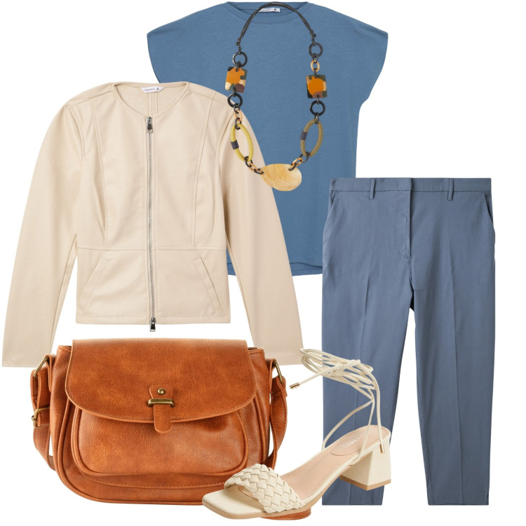 Outfit donna - Giacca biker. Stile Glamour per Tutti i giorni. Abbinamento con borse a tracolla, blazer, pantaloni, t-shirt, sandali alla schiava, collane.