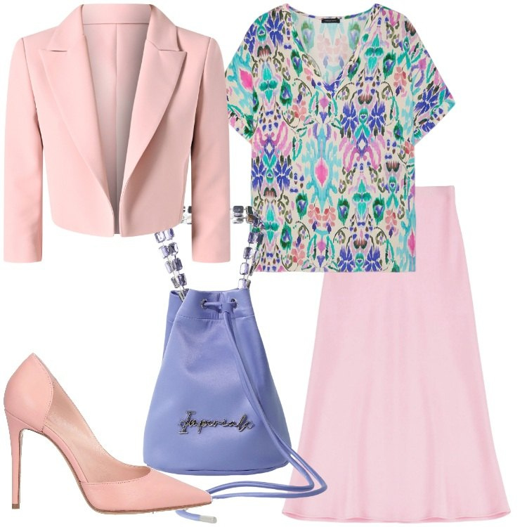Outfit donna - Gonne a trapezio e bluse leggere. Stile Chic per Cerimonia. Abbinamento con décolleté, blazer, borse a secchiello, gonne longuette, bluse.