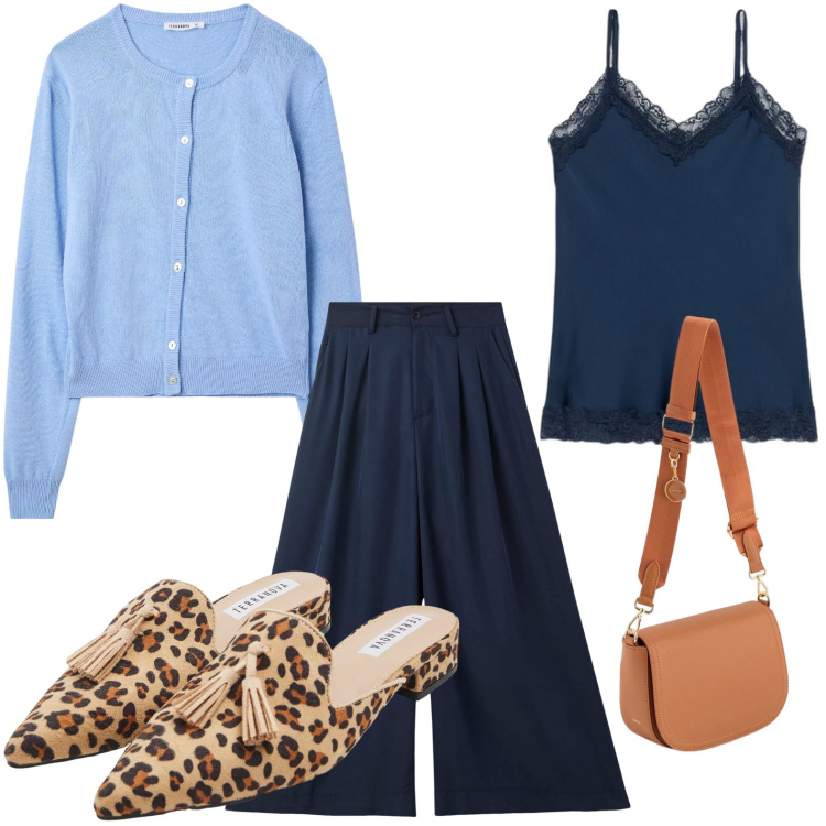 Outfit donna - Un tocco di animalier. Stile Urban per Tutti i giorni. Abbinamento con pantaloni, cardigans, sabot, borse a tracolla, top.