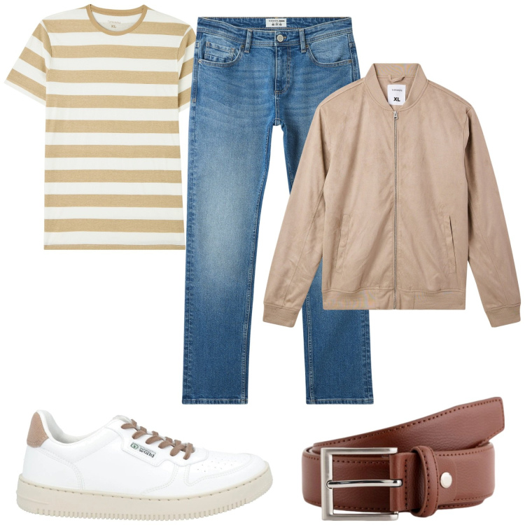 Outfit uomo - Stampe geometriche. Stile Urban per Tutti i giorni. Abbinamento con sneakers, t-shirt, jeans, bomber, cinture.