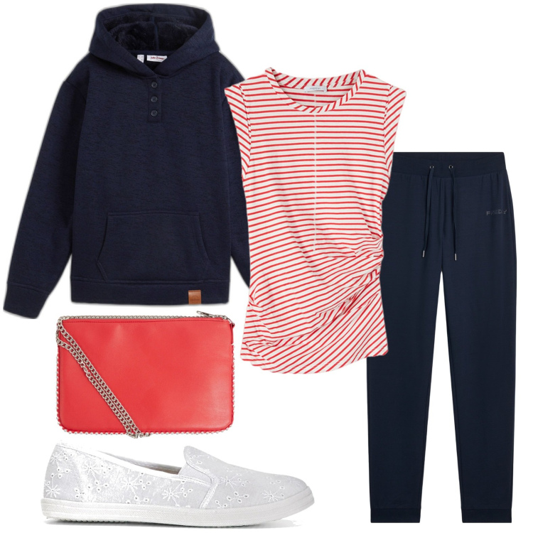 Outfit donna - Top smanicato a righe. Stile Basic per Ufficio. Abbinamento con ballerine, felpe con cappuccio, borse a tracolla, pantaloni, top.
