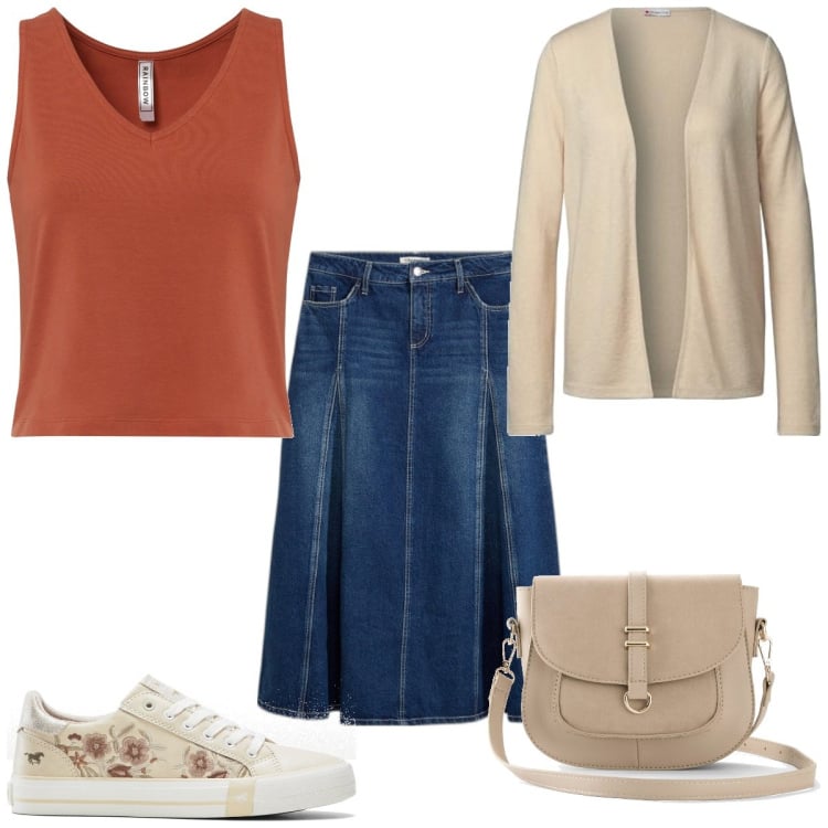 Outfit femme - Tendance #4050. Style Tendance pour Tous les jours. Assortir avec sneakers, hauts, sacs en bandoulière, jupes longues, gilets sans manche.