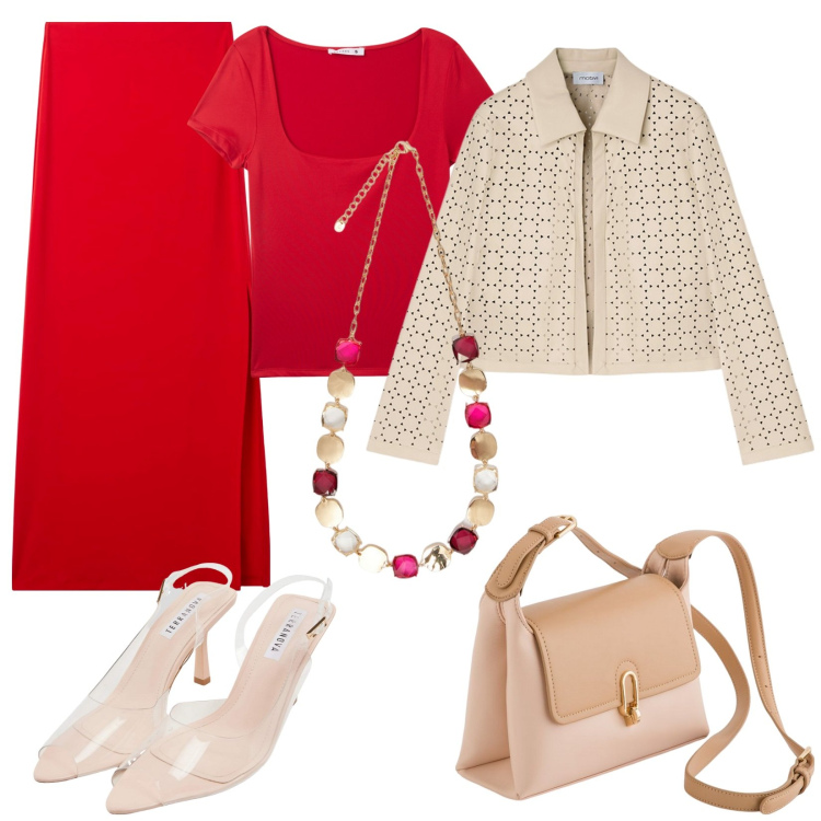 Outfit donna - Tonalità sorbetto. Stile Trendy per Serata fuori. Abbinamento con t-shirt, sandali col tacco, gonne lunghe, collane, blazer, borse a tracolla.