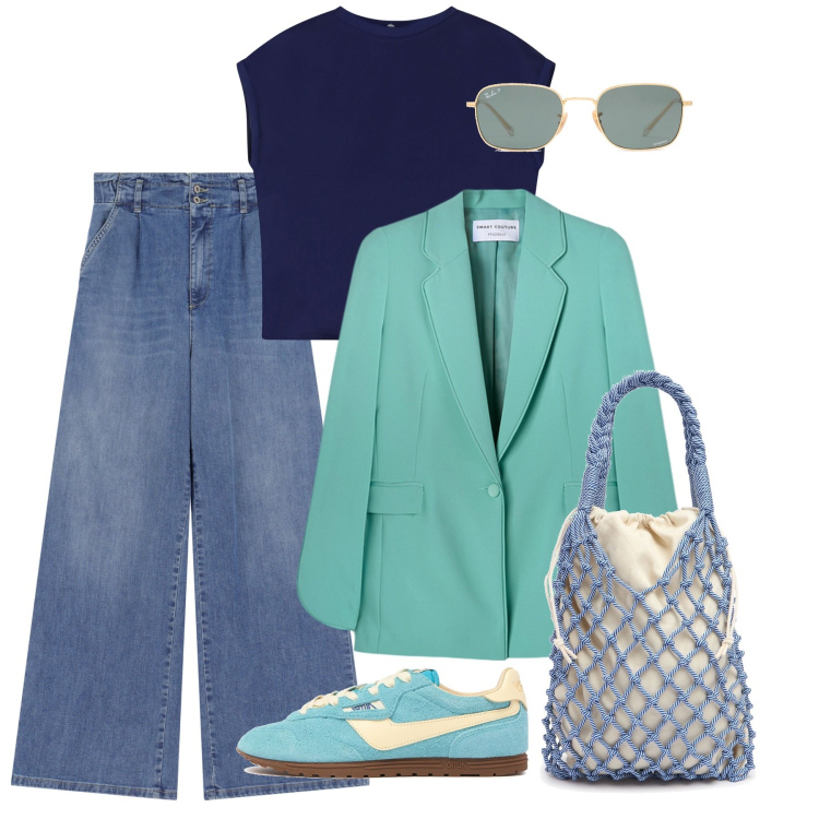 Outfit donna - Aria fresca. Stile Basic per Tutti i giorni. Abbinamento con jeans, t-shirt, blazer, sneakers, occhiali da sole, borse a spalla.