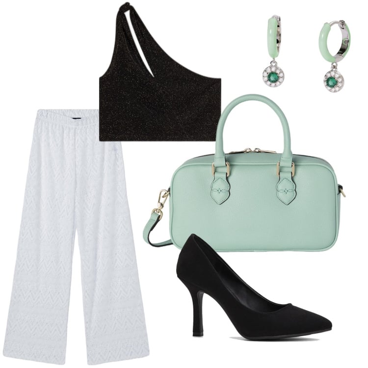 Outfit donna - Serata minimal. Stile Glamour per Serata fuori. Abbinamento con décolleté, top, orecchini, pantaloni, borse a mano.