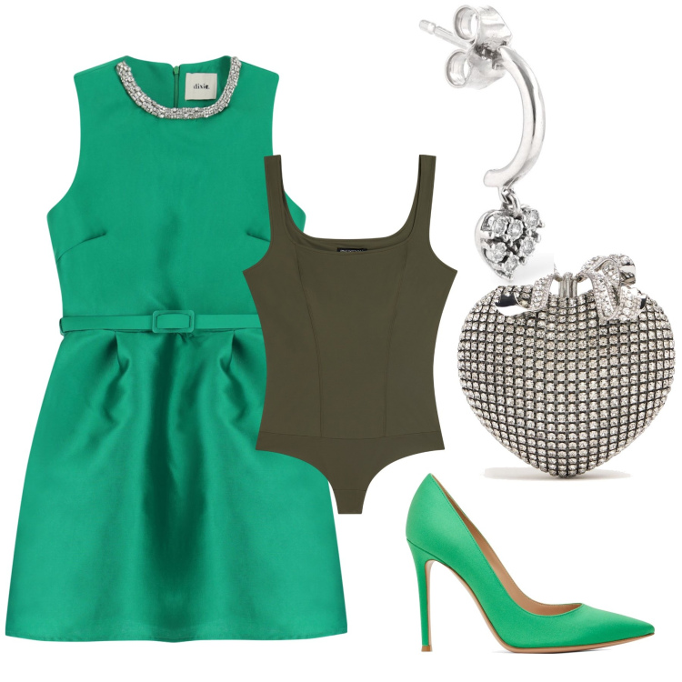Outfit donna - Cuore verde. Stile Bon Ton per Cerimonia. Abbinamento con body, vestiti corti, décolleté, orecchini, pochette.