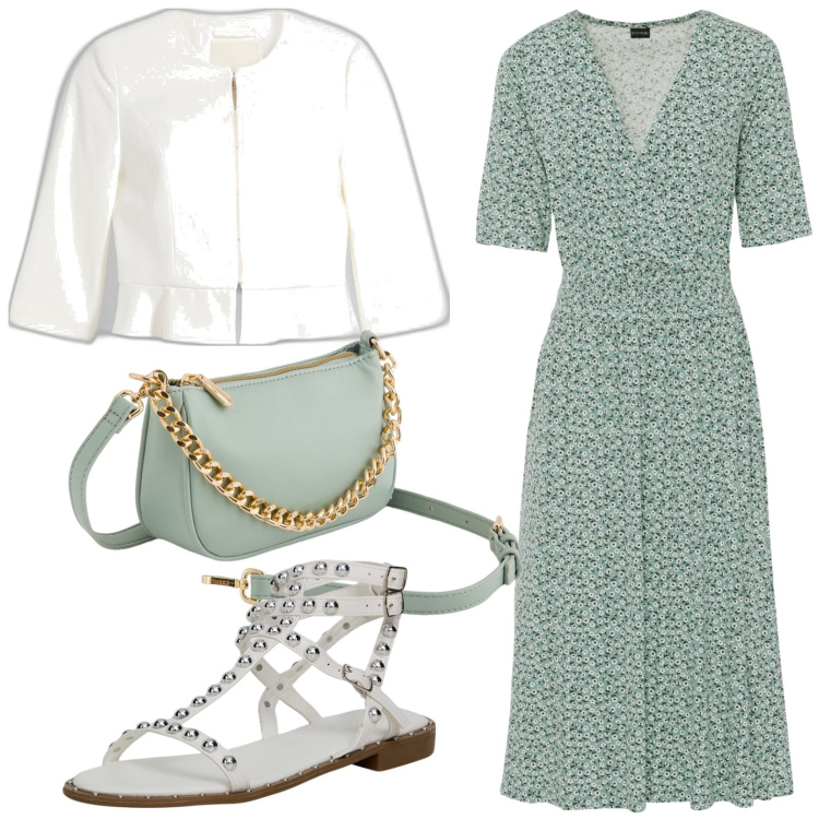 Outfit donna - L\'abito verde salvia. Stile Bon Ton per Ufficio. Abbinamento con vestiti, blazer, sandali, borse a tracolla.