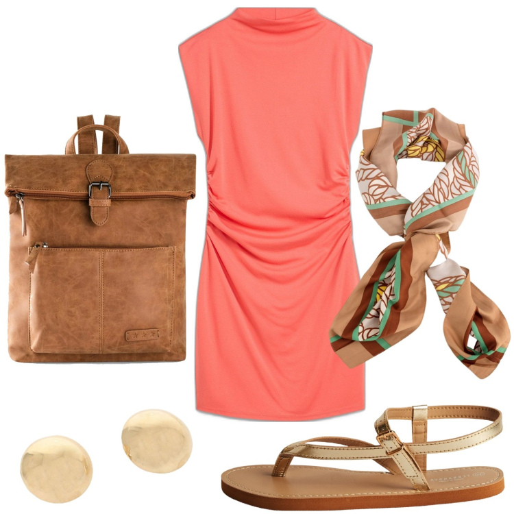 Outfit donna - L\'abito vitaminico. Stile Glamour per Tutti i giorni. Abbinamento con zaini, vestiti corti, ciabatte, orecchini, foulard.