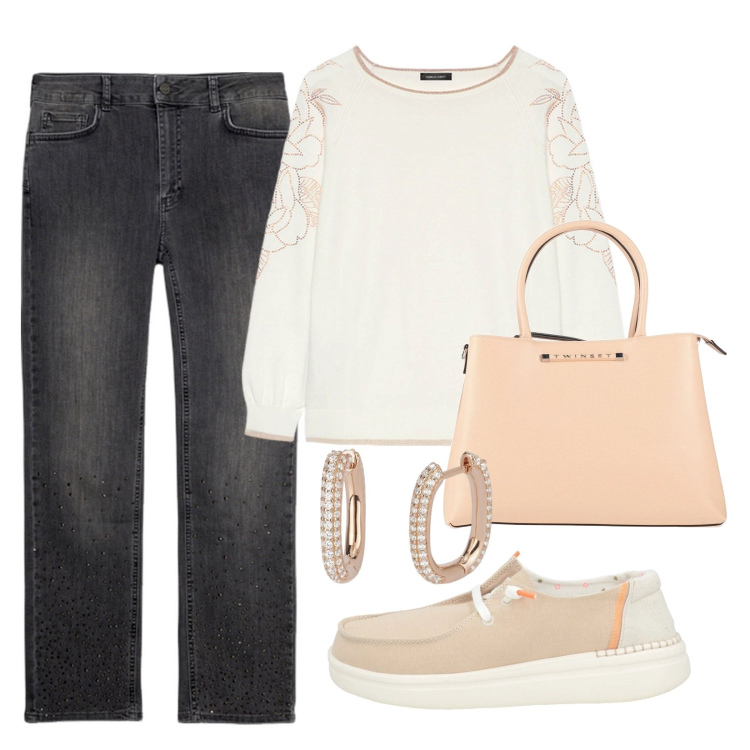 Outfit donna - Fresca primavera. Stile Casual per Tutti i giorni. Abbinamento con borse a mano, scarpe stringate, orecchini, maglieria, jeans.