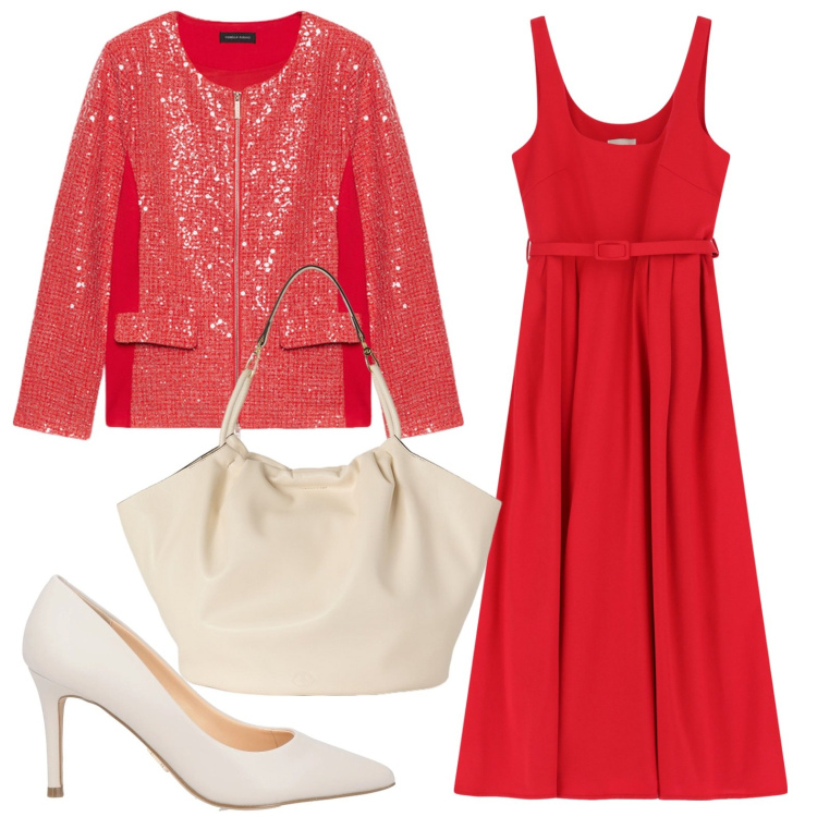 Outfit donna - Red passion. Stile Romantica per Serata fuori. Abbinamento con décolleté, vestiti midi/longuette, blazer, borse a secchiello.