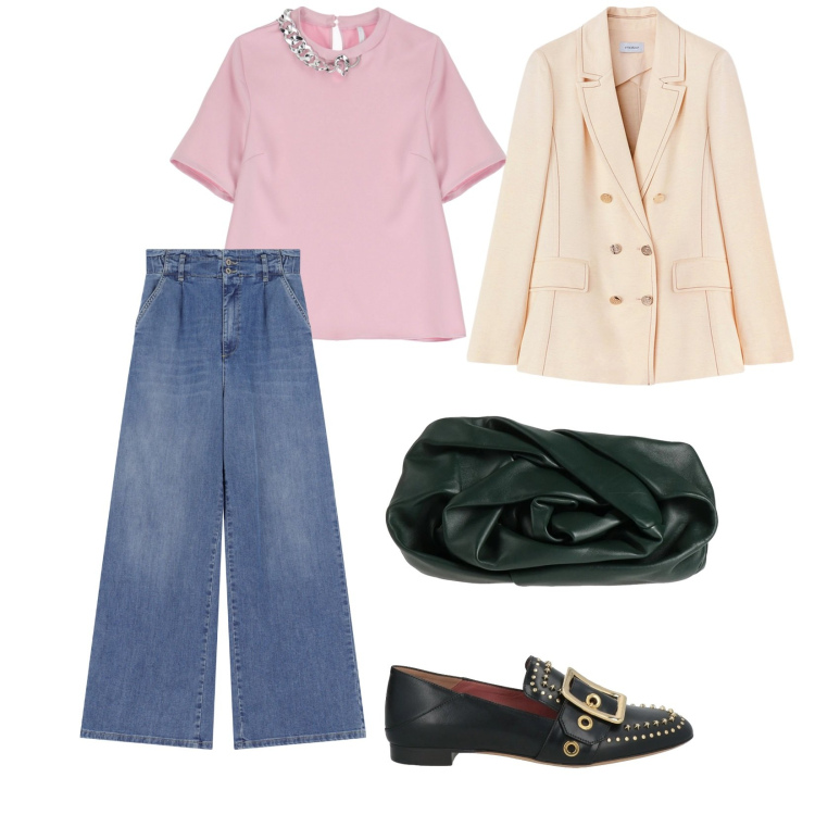 Outfit donna - Per tutti i giorni. per Scuola/Università. Abbinamento con mocassini, borse a mano, jeans, t-shirt, blazer.