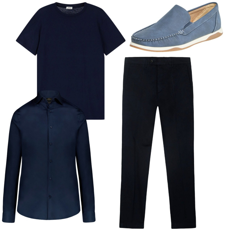 Outfit uomo - Total look. Stile Casual per Tutti i giorni. Abbinamento con scarpe stringate, t-shirt, camicie, pantaloni chino.