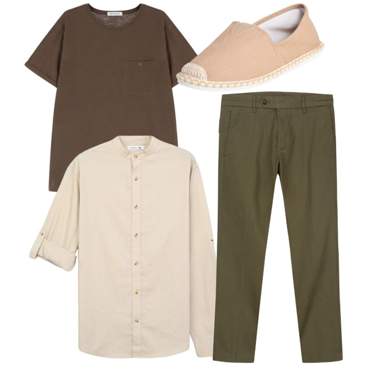 Outfit uomo - Total look. Stile Casual per Tutti i giorni. Abbinamento con espadrillas, camicie, t-shirt, pantaloni chino.
