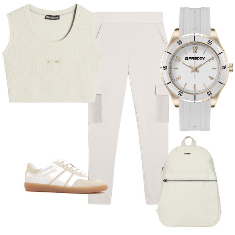 Outfit donna - Total white. Stile Casual per Tutti i giorni. Abbinamento con sneakers, pantaloni cargo, zaini, top, orologi.