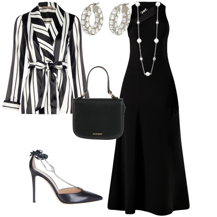 Outfit donna - Evento serata glamour. Stile Minimal per Serata fuori. Abbinamento con décolleté, borse a mano, orecchini, collane, blazer, vestiti lunghi.
