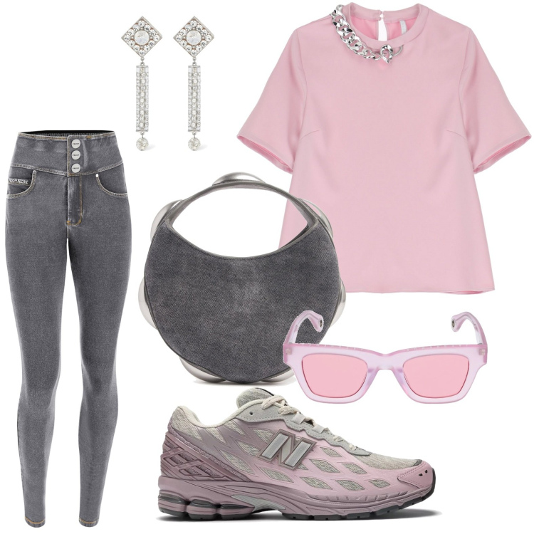 Outfit donna - T-shirt con collo a catena. Stile Basic per Tutti i giorni. Abbinamento con sneakers, t-shirt, jeans skinny, occhiali da sole, borse a mano, orecchini.