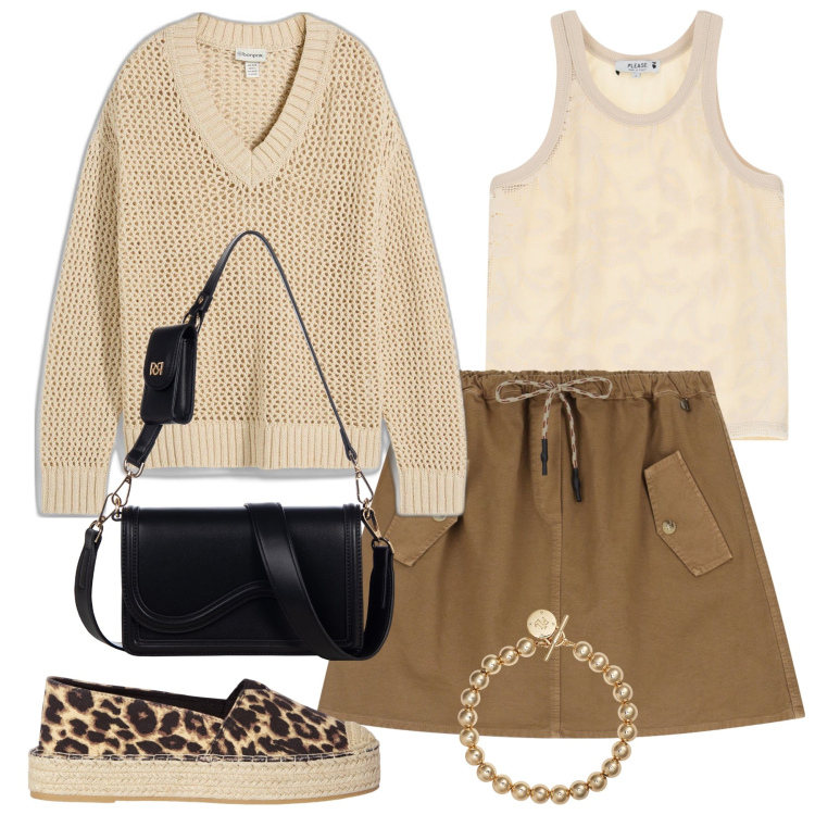 Outfit donna - Dettagli animalier per la città. Stile Urban per Tutti i giorni. Abbinamento con maglieria, espadrillas, pochette, top, minigonne, braccialetti.