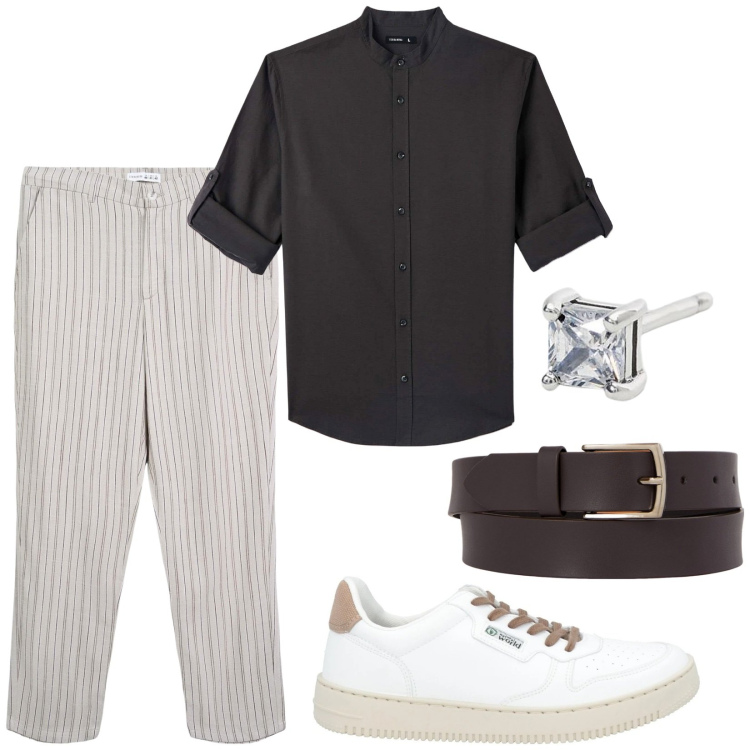 Outfit uomo - Pantaloni a righe. Stile Casual per Tutti i giorni. Abbinamento con sneakers, camicie, pantaloni chino, orecchini, cinture.