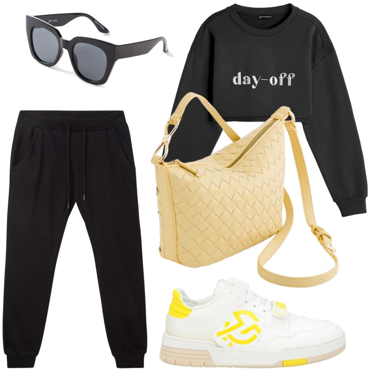 Outfit donna - Day - off. Stile Sporty chic per Tutti i giorni. Abbinamento con sneakers, occhiali da sole, pantaloni, felpe, borse a tracolla.