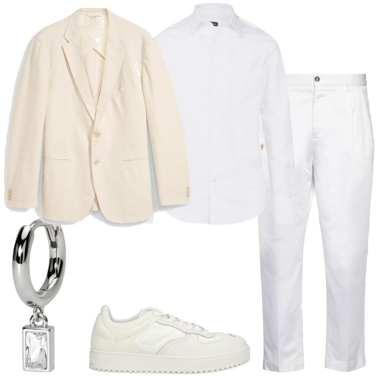 Outfit uomo - Only White. Stile Trendy per Tutti i giorni. Abbinamento con giacche, pantaloni, sneakers, orecchini, camicie.