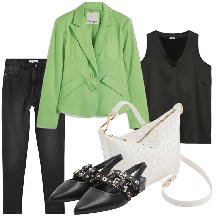Outfit donna - Le ballerine borchiate. Stile Rock per Serata fuori. Abbinamento con blazer, jeans skinny, sabot, top, borse a tracolla.