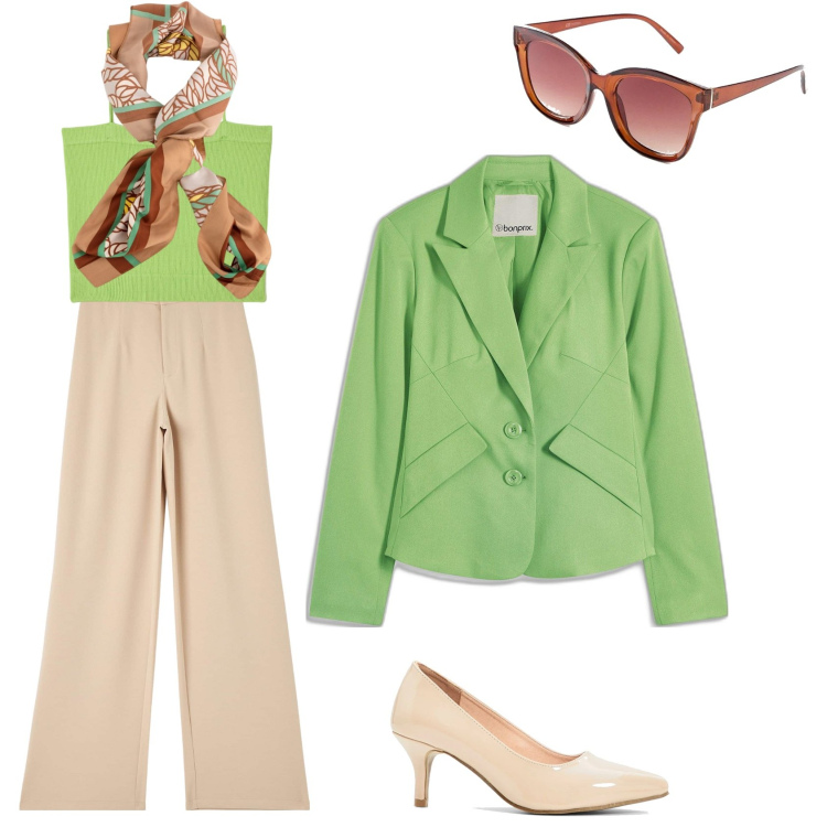 Outfit donna - Verde primavera. Stile Casual chic per Tutti i giorni. Abbinamento con blazer, décolleté, occhiali da sole, pantaloni, canottiere, foulard.