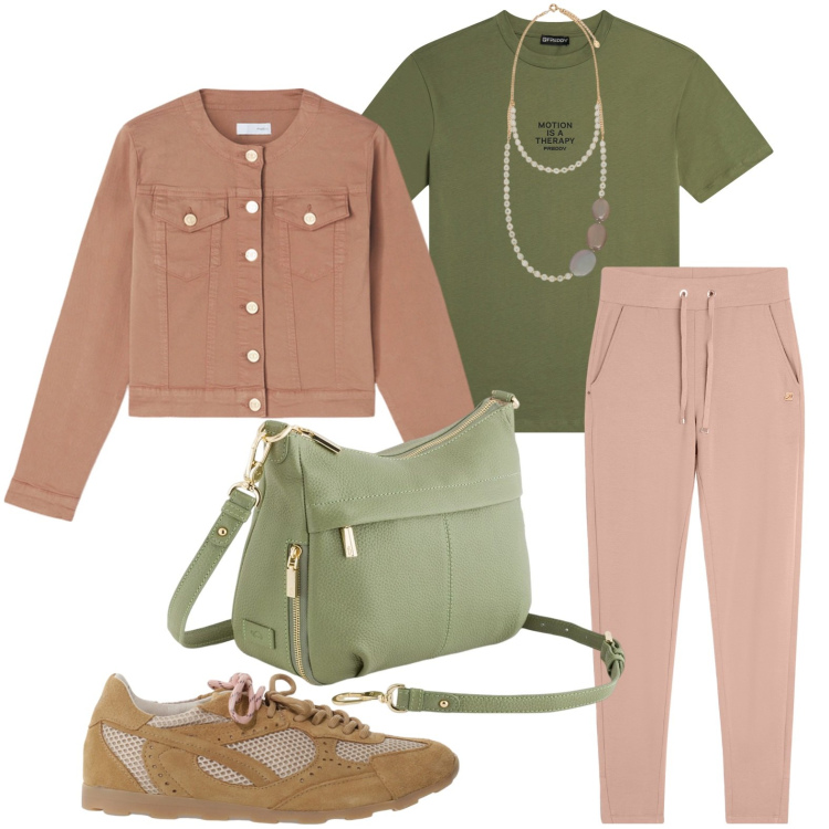 Outfit donna - La borsa a tracolla verde oliva. Stile Casual chic per Tutti i giorni. Abbinamento con pantaloni, t-shirt, sneakers, blazer, borse a tracolla, collane.