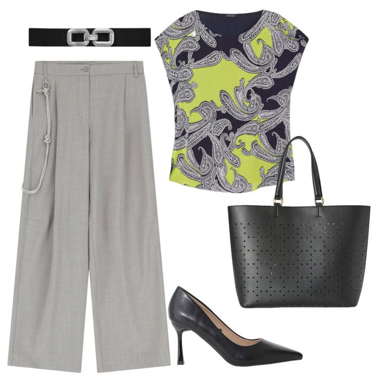 Outfit donna - Casual chic. Stile Casual chic per Ufficio. Abbinamento con cinture, décolleté, pantaloni, bluse, shopping bag.