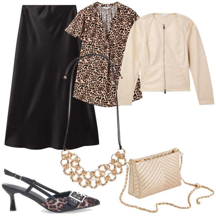 Outfit donna - Gonna a trapezio e blusa animalier. Stile Trendy per Serata fuori. Abbinamento con bluse, blazer, gonne lunghe, décolleté, collane, borse a tracolla.