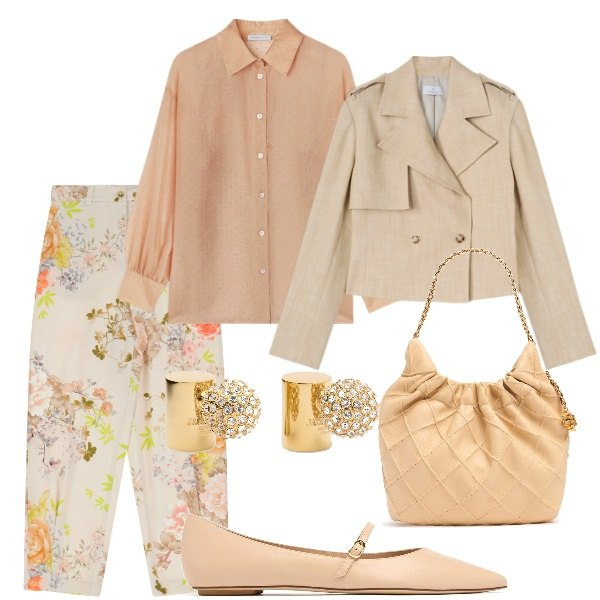 Outfit donna - Colori di Aprile. Stile Chic per Tutti i giorni. Abbinamento con pantaloni chino, borse a spalla, orecchini, ballerine, blazer, camicie.
