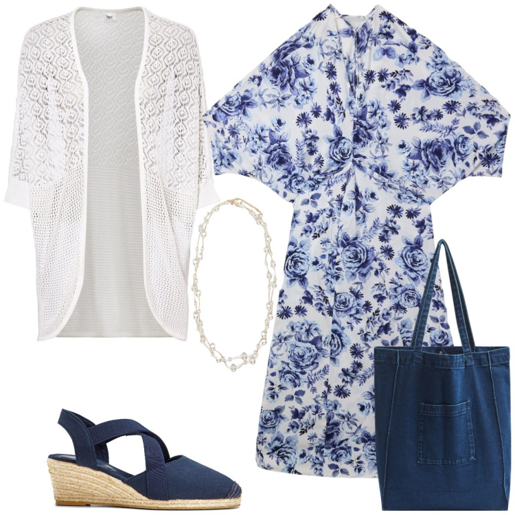 Outfit donna - Pasquetta fuori porta. Stile Romantica per Tutti i giorni. Abbinamento con cardigans, sandali col tacco, vestiti lunghi, shopping bag, collane.