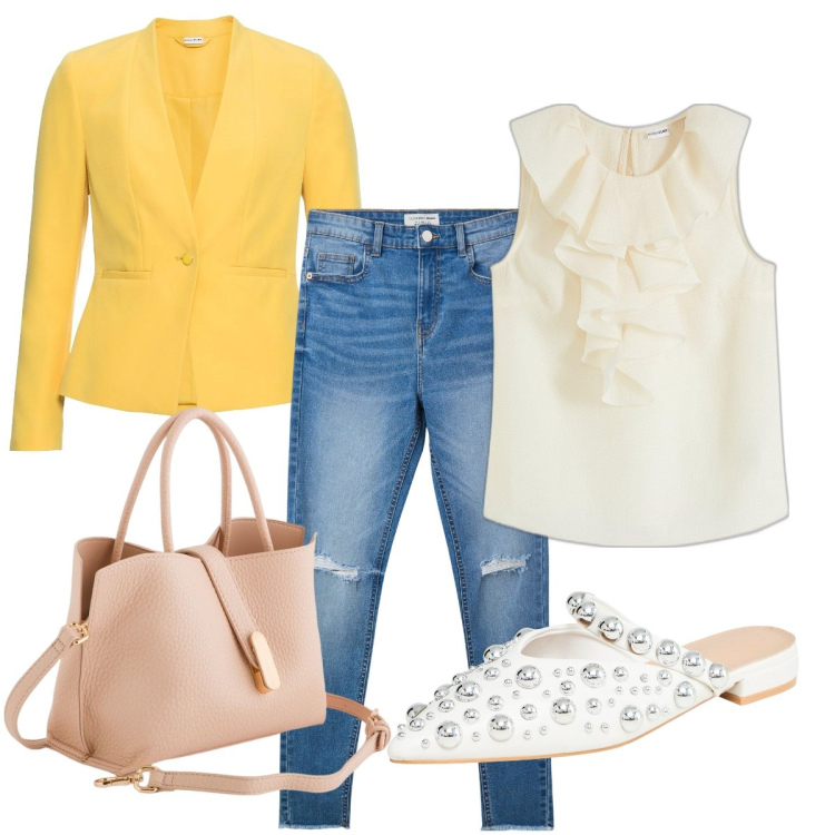 Outfit donna - Mid season sale. Stile Casual chic per Tutti i giorni. Abbinamento con blazer, bluse, ballerine, jeans strappati, borse a mano.