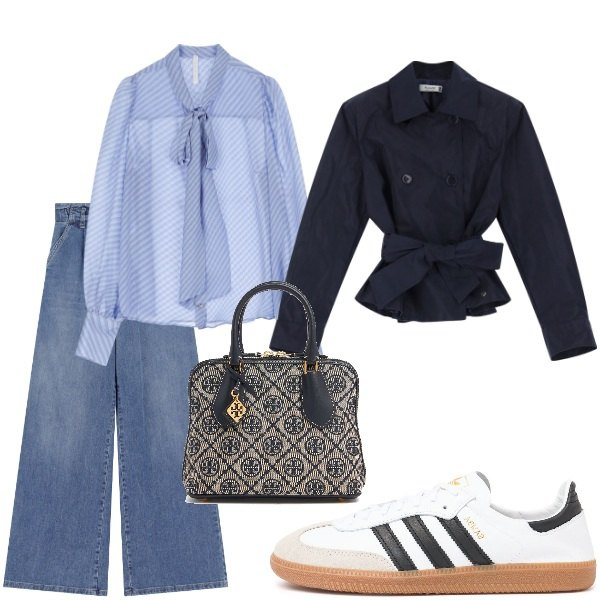 Outfit donna - Passeggiando al parco. Stile Casual chic per Tutti i giorni. Abbinamento con jeans, blazer, camicie, sneakers, borse a mano.