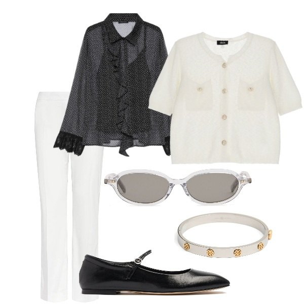 Outfit donna - In bianco e nero. Stile Casual chic per Tutti i giorni. Abbinamento con cardigans, camicie, occhiali da sole, ballerine, braccialetti, pantaloni.