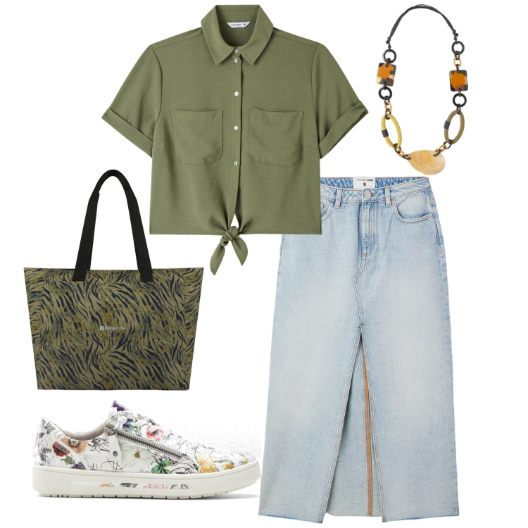 Outfit donna - Total look #2111766. Stile Casual per Tutti i giorni. Abbinamento con sneakers, camicie a manica corta, gonne lunghe, shopping bag, collane.