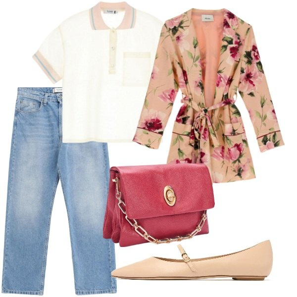 Outfit donna - Colori di Aprile. Stile Casual chic per Tutti i giorni. Abbinamento con polo, jeans, blazer, ballerine, borse a tracolla.