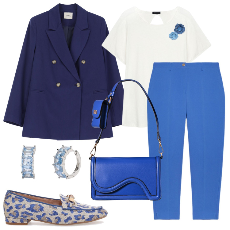 Outfit donna - Tonalità di blu. Stile Casual chic per Ufficio. Abbinamento con orecchini, pochette, blazer, t-shirt, pantaloni chino, mocassini.