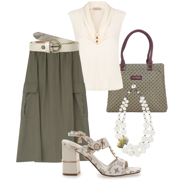 Outfit donna - Gonna svasata e blusa in crêpe. Stile Casual chic per Ufficio. Abbinamento con bluse, gonne lunghe, cinture, sandali col tacco, borse a spalla, ciondoli.