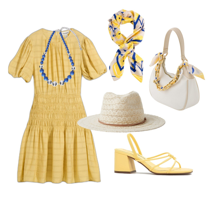 Outfit donna - Domenica di sole. Stile Vintage retrò per Tutti i giorni. Abbinamento con sandali col tacco, vestiti corti, cappelli, collane, foulard, borse a tracolla.