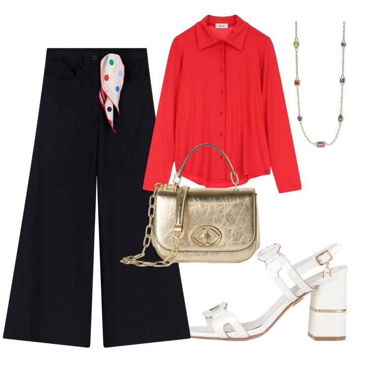 Outfit donna - Chic in rosso e nero. Stile Chic per Ufficio. Abbinamento con sandali col tacco, collane, pantaloni a palazzo, camicie, borse a tracolla.