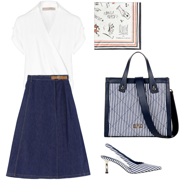 Outfit donna - Elegante con la gonna jeans. Stile Bon Ton per Ufficio. Abbinamento con shopping bag, bluse, décolleté, gonne lunghe, foulard.