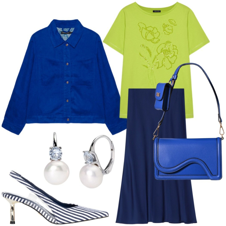 Outfit donna - Gonna a trapezio e blusa. Stile Casual chic per Tutti i giorni. Abbinamento con orecchini, pochette, décolleté, gonne longuette, t-shirt, blazer.