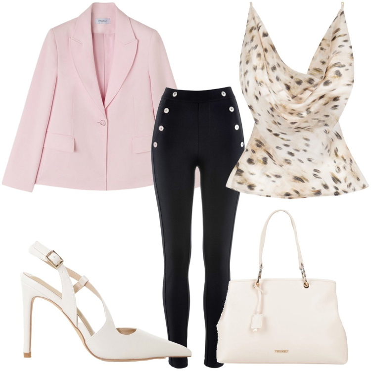 Outfit donna - Leggings e tacchi a spillo. Stile Sporty chic per Ufficio. Abbinamento con leggings, borse a mano, top, décolleté, blazer.