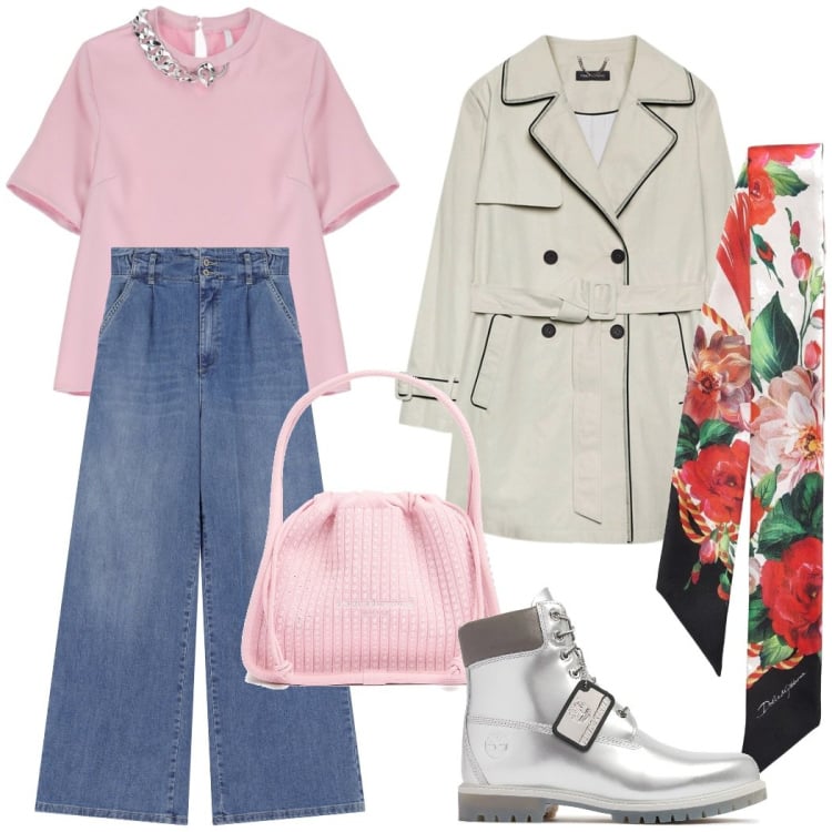 Outfit donna - Urban style. Stile Casual chic per Tutti i giorni. Abbinamento con jeans, t-shirt, foulard, trench, stivali, borse a mano.