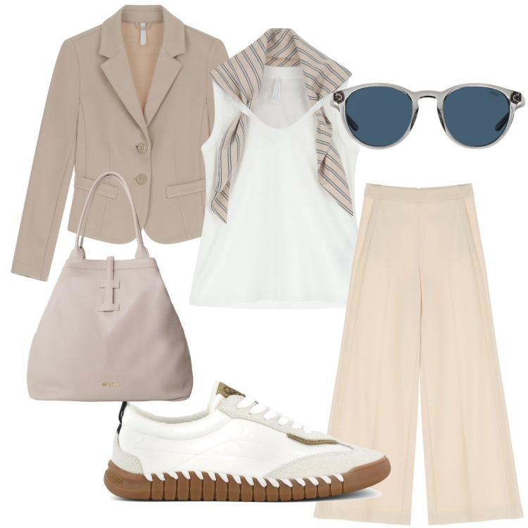 Outfit donna - Toni neutri. Stile Casual per Ufficio. Abbinamento con top, pantaloni a palazzo, blazer, borse tote, occhiali da sole, sneakers.