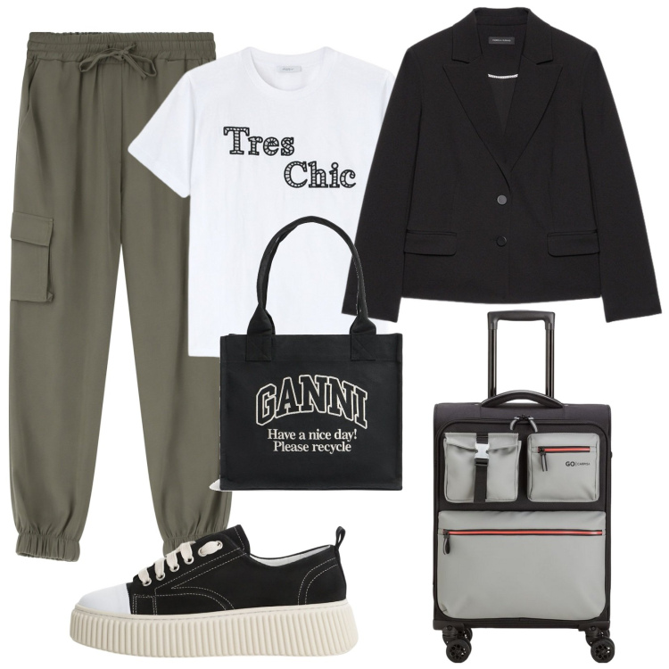 Outfit donna - Tres chic in viaggio. Stile Casual per Tutti i giorni. Abbinamento con sneakers, pantaloni, blazer, valigie, shopping bag, t-shirt.